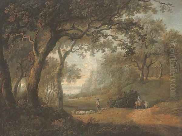 A wooded landscape with a shepherd and his flock, and a figure riding on a track - view 1