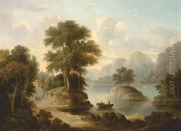 A wooded river landscape with figures in a boat - view 1