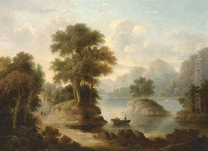 A wooded river landscape with figures in a boat