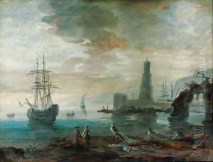 Figures at the waters edge and a sailing vessel at anchor with a castle beyond by Noel, Alexandre Jean