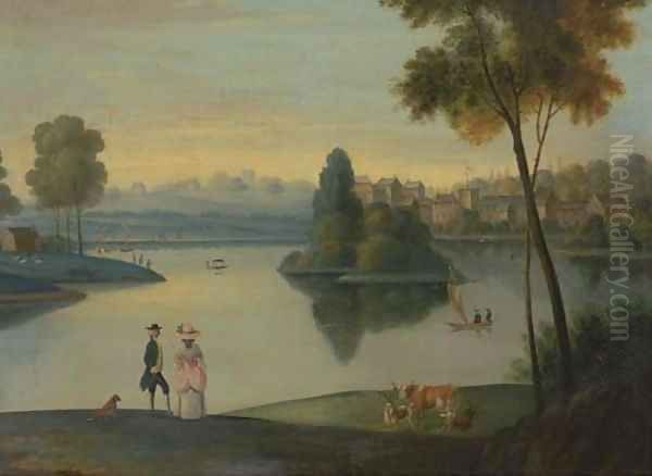 Elegant figures by a boating lake - view 1