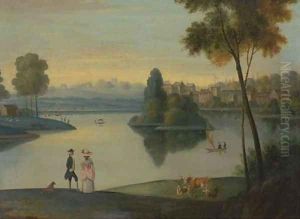 Elegant figures by a boating lake by Balthasar Nebot