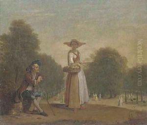A lady selling peaches in a formal garden with an old man seated, elegant figures beyond by Balthasar Nebot