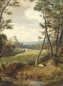 A bather in a wooded landscape, a castle beyond