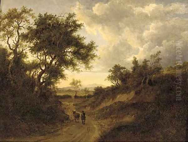 A drover on a wooded track in an extensive landscape - view 1