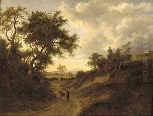 A drover on a wooded track in an extensive landscape by Patrick Nasmyth
