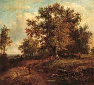 A shepherd and his dog herding sheep along a country track by Patrick Nasmyth