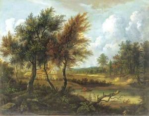 Figure in a rowing boat before a cottage in a wooded landscape by Patrick Nasmyth