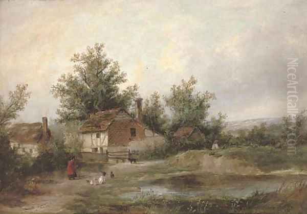 Figures and country cottages beside a pool - view 1