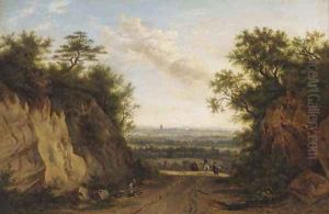 Figures on a path in an extensive landscape by Patrick Nasmyth