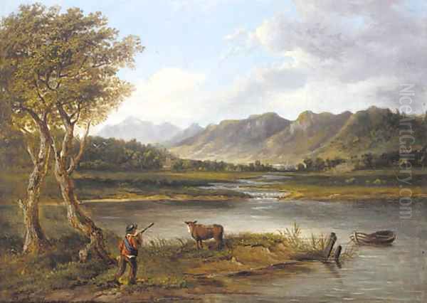 A drover and a cow in a mountainous river landscape - view 1