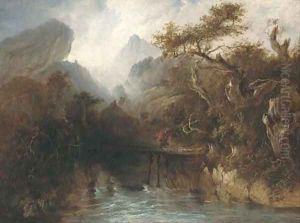 A figure crossing a gorge with an approaching storm beyond