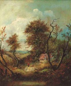 A figure on a wooded track, a cottage beyond