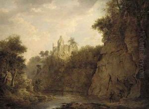 Anglers on the bank of a river gorge, Rosslyn castle beyond by Patrick Nasmyth