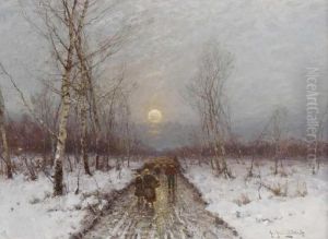 Heimkehrende Bauern In Abendlicher Winterlandschaft