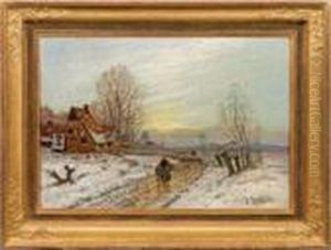 Niederrheinischewinterlandschaft Mit Blick Auf Ein Dorf by Johann Jungblutt