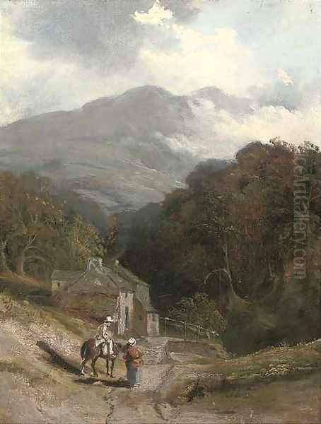 Figures before a cottage on a hillside - view 1