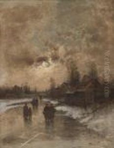 Winterliche Abendstimmung Mit Personenstaffage by Johann Jungblutt