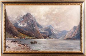 Fijordlandschaft Mit Hausern Am 
Ufer,fischern Im Kahn Und Einem Rauchenden Dampfer Im Hintergrund