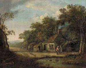 Figures by a riverside cottage