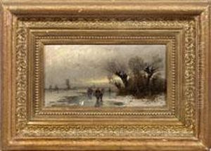 Niederrheinische Winterlandschaft Mit Eislaufern Im Abendlicht by Johann Jungblutt