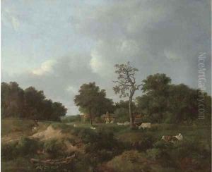 Figures on a track by a farm by Patrick Nasmyth
