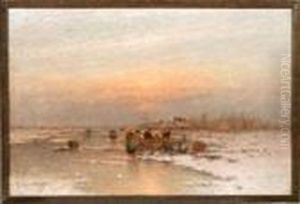 Verschneite Flusslandschaft In Holland Mit Figuren Im Abendrot by Johann Jungblutt