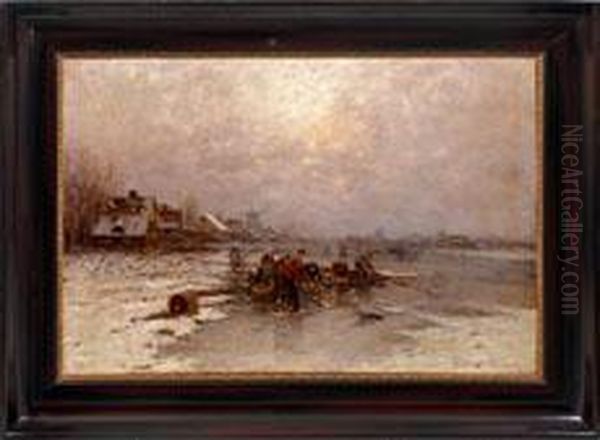 Hollandische Fluslandschaft Mit Eisfischern Im Abendlicht - view 1