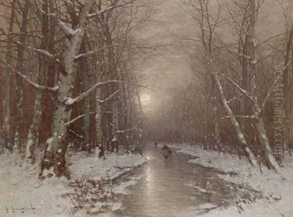 Abendliche Winterlandschaft Mit Einer Reisigsammlerin - view 1
