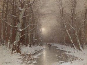 Abendliche Winterlandschaft Mit Einer Reisigsammlerin by Johann Jungblutt
