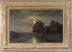 Vollmondnacht Am Dorfrand Mit Personenstaffage by Johann Jungblutt