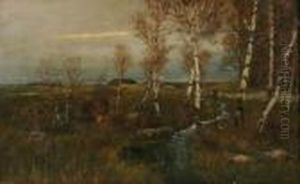 Herbstliche Landschaft Mit Bachlauf Unter Birken by Johann Jungblutt