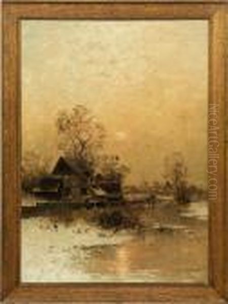 Niederrheinischewinterlandschaft Mit Dorf Und Eislaufern Imabendrot - view 1
