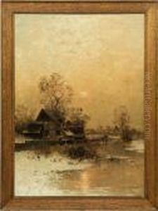 Niederrheinischewinterlandschaft Mit Dorf Und Eislaufern Imabendrot by Johann Jungblutt
