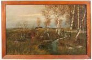 Herbstliche Landschaftmit Bachlauf Unter Birken Herbstliche Landschaftmit Bachlauf Unter Birken