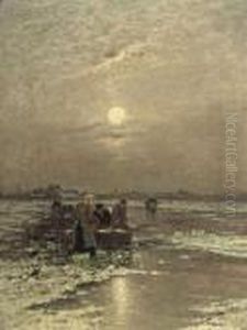 Wintrylandscape At Evening Light With Fishermen by Johann Jungblutt