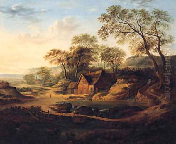 A Wooded Landscape With A Watermill, A Drover With Cattle, A Coastal Hamlet Beyond - view 1