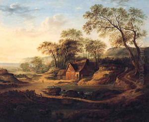 A Wooded Landscape With A Watermill, A Drover With Cattle, A Coastal Hamlet Beyond by Patrick Nasmyth