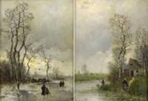 Zwei Gemalde. Winterliche Fluslandschaft. Sommerlichefluslandschaft. by Johann Jungblutt