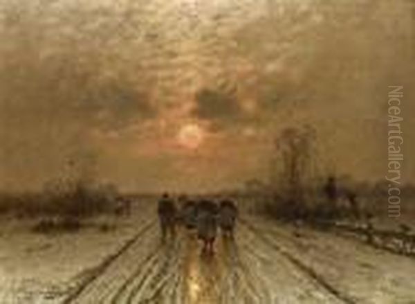 Winterlandschaft Im Abendlicht Mit Heimkehrenden Bauern. - view 1
