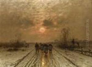 Winterlandschaft Im Abendlicht Mit Heimkehrenden Bauern. by Johann Jungblutt