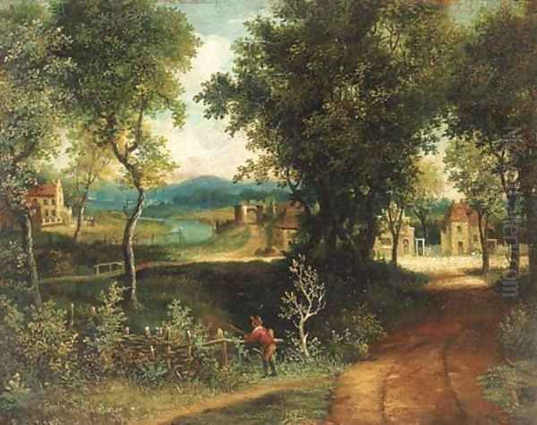 An angler in a wooded landscape with a village beyond - view 1