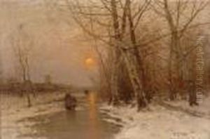 Winterliche Fluslandschaft Mit Landvolk Und Dorfansicht. by Johann Jungblutt