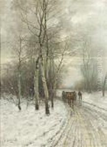Wintry Landscape With A Horse And Cart. Oil/canvas, Signed by Johann Jungblutt