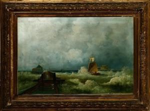 Harbour Scenery With A Fishing Boat In Heavy Sea by Johann Jungblutt