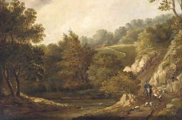 Figures before a cottage in a wooded landscape; and A drover with cattle and sheep on a wooded path by Patrick Nasmyth