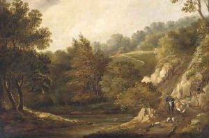 Figures before a cottage in a wooded landscape; and A drover with cattle and sheep on a wooded path by Patrick Nasmyth