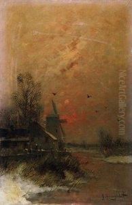 Yard With Windmill On A Winter Evening. Signed Bottom Right: J. Jungblut by Johann Jungblutt