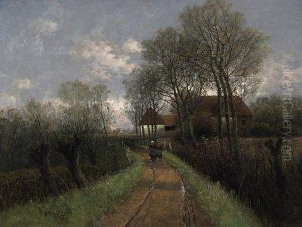 Silent Fall Day. Farmerfolk On The Fieldpath In Front Of The Farmyard. - view 1