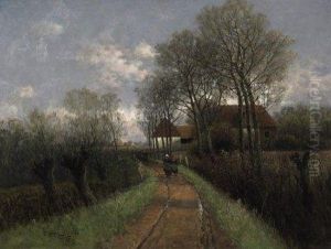 Silent Fall Day. Farmerfolk On The Fieldpath In Front Of The Farmyard. by Johann Jungblutt
